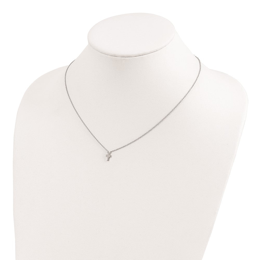 Sterling Silver Rhodium-Plated W/2In Ext. Polished Cross Necklace