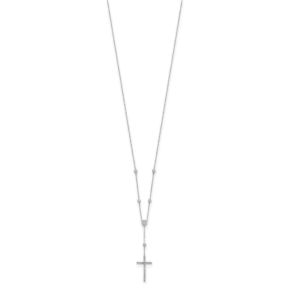 Sterling Silver Rhodium-Plated Cz Cross Drop Necklace