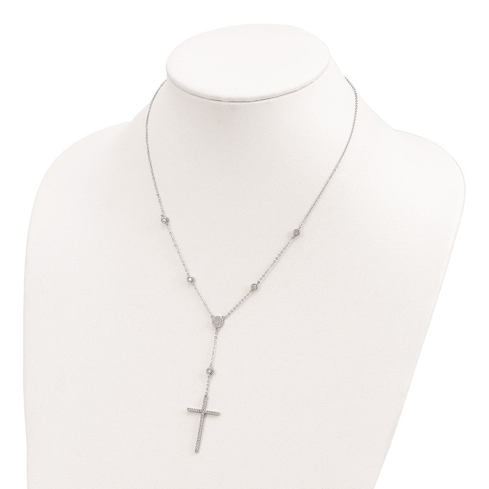 Sterling Silver Rhodium-Plated Cz Cross Drop Necklace