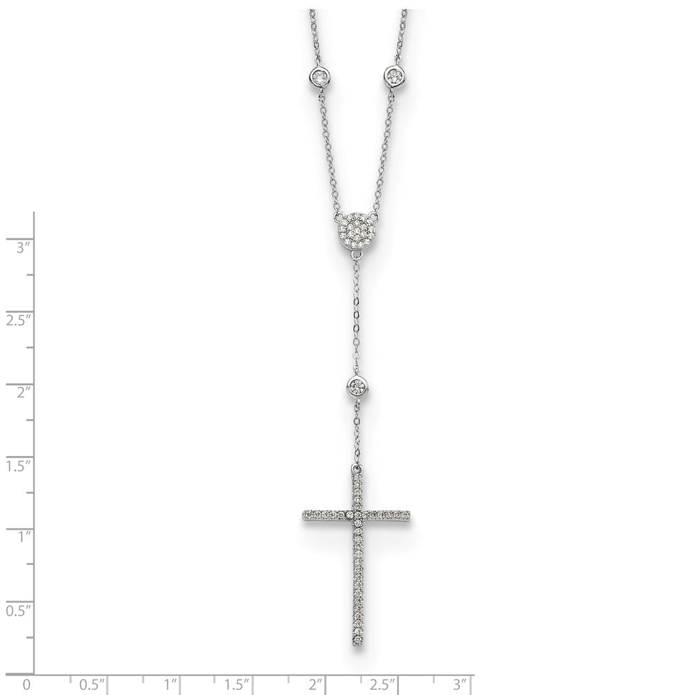 Sterling Silver Rhodium-Plated Cz Cross Drop Necklace
