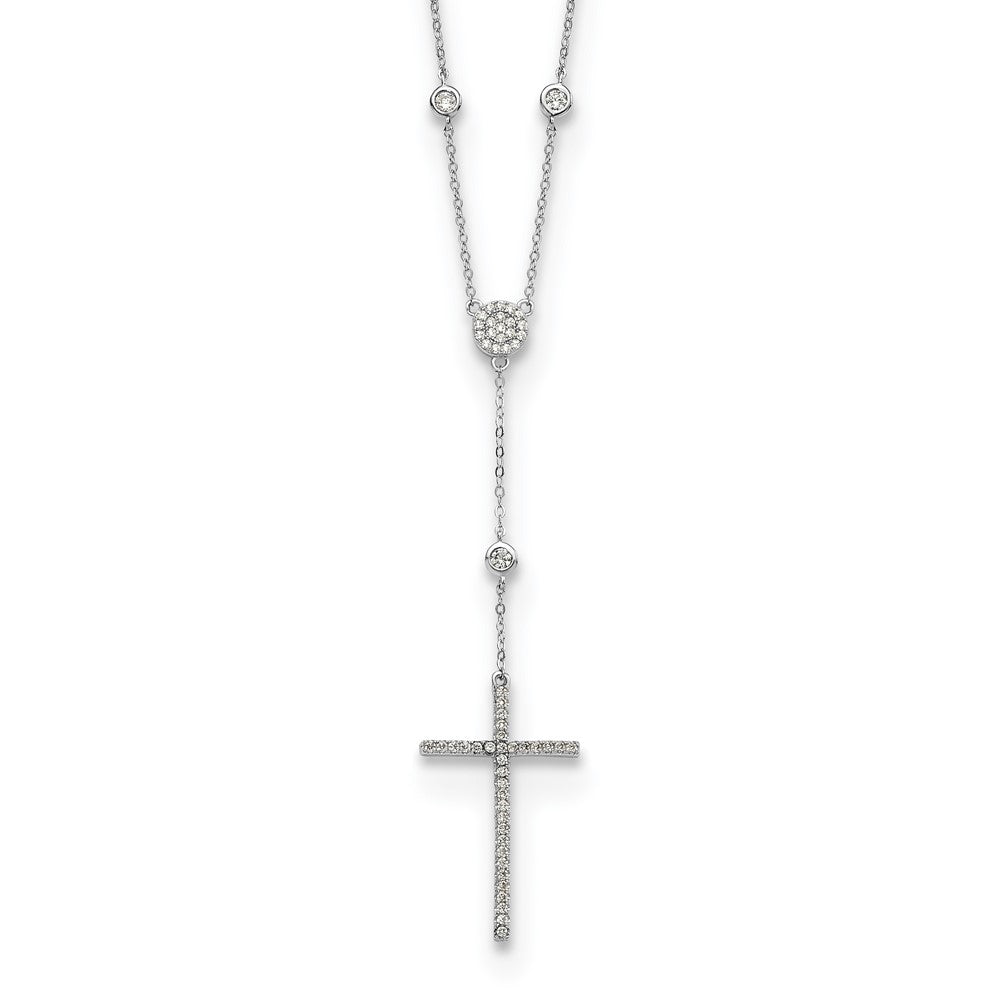 Sterling Silver Rhodium-Plated Cz Cross Drop Necklace
