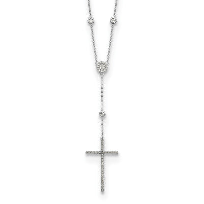 Sterling Silver Rhodium-Plated Cz Cross Drop Necklace
