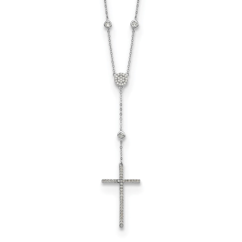 Sterling Silver Rhodium-Plated Cz Cross Drop Necklace