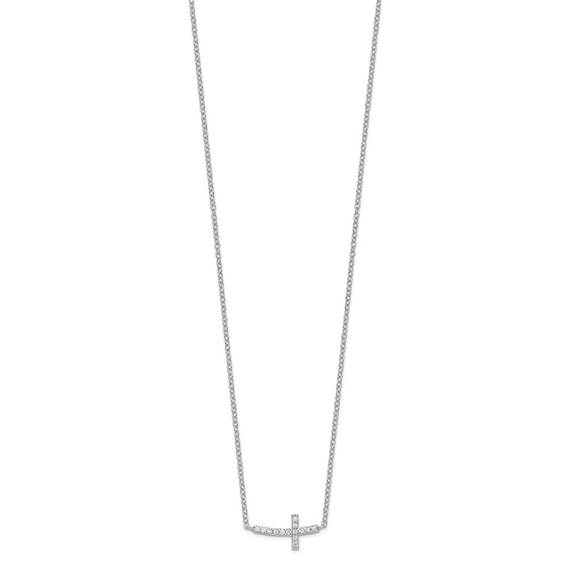 Sterling Silver Rhodium-Plated Cz Sideways Cross 16 Inch Necklace With 2 Extension
