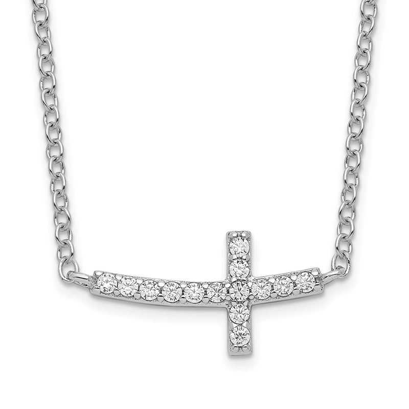 Sterling Silver Rhodium-Plated Cz Sideways Cross 16 Inch Necklace With 2 Extension