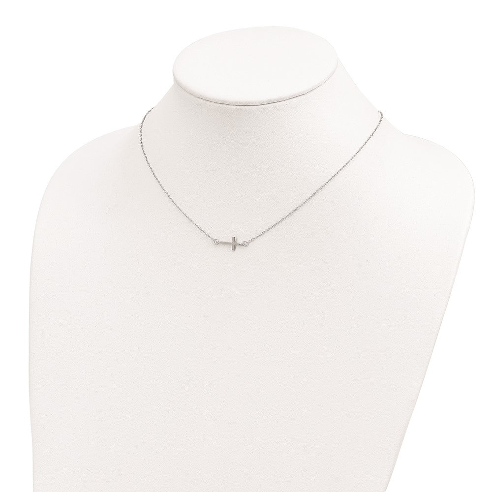 Sterling Silver Rhodium-Plated W/ 2In Ext. Sideways Cross Necklace