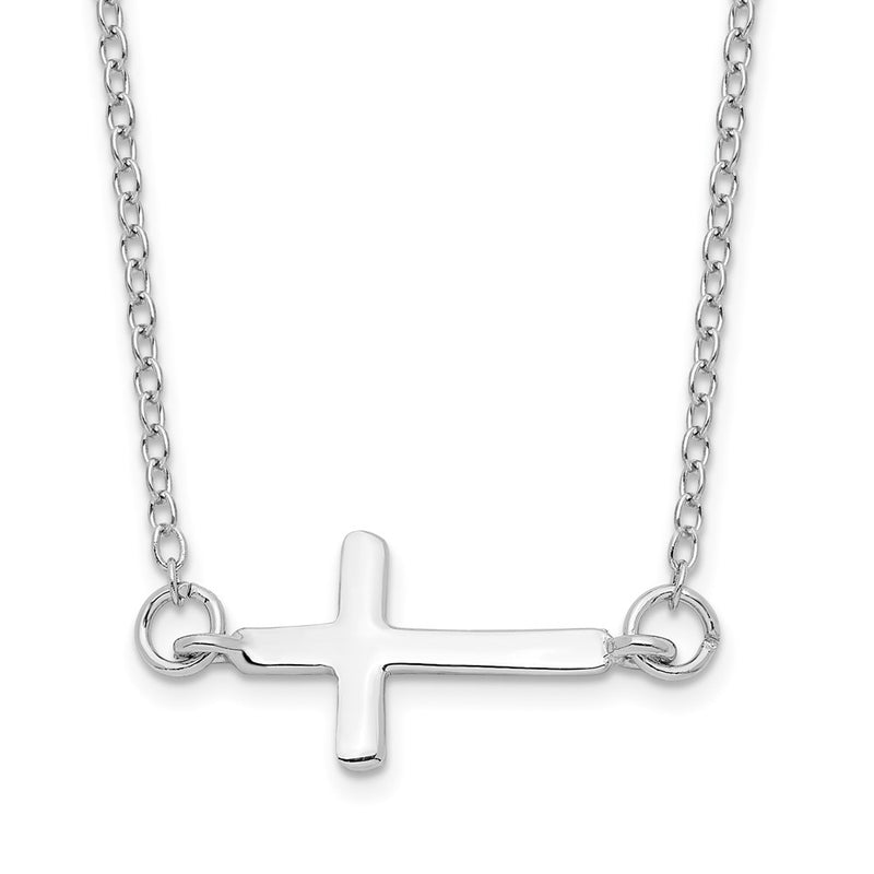 Sterling Silver Rhodium-Plated W/ 2In Ext. Sideways Cross Necklace