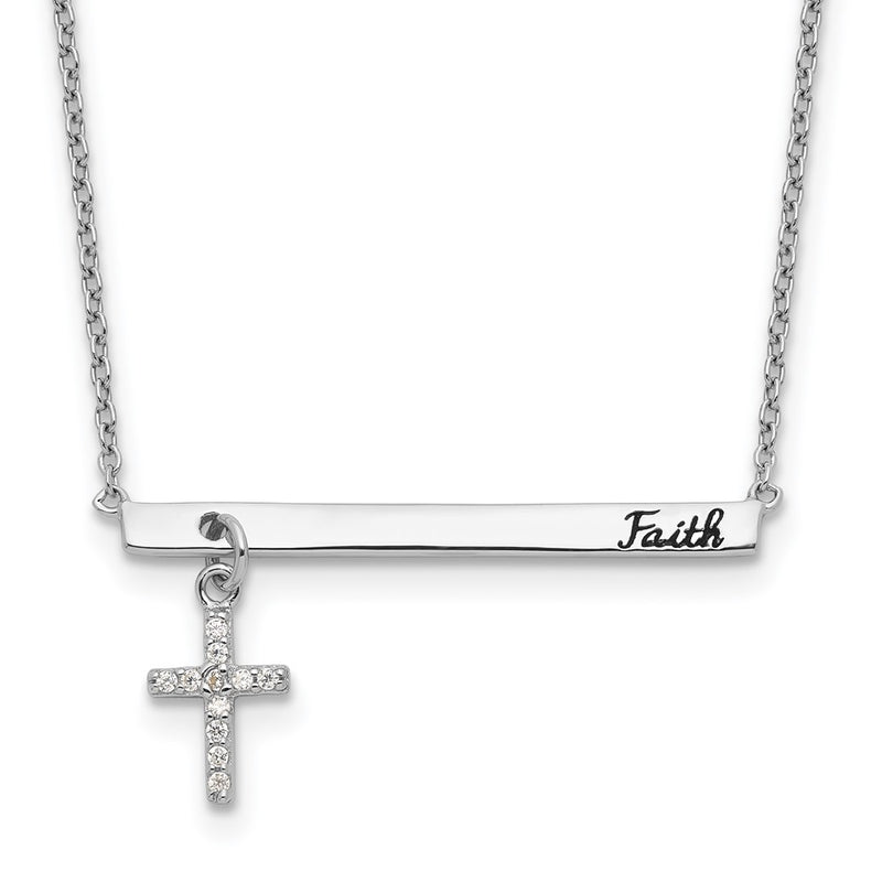 Sterling Silver Rh-Plated Cz Cross Black Enamel Faith Bar Necklace