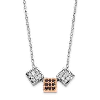 Sterling Silver Rhodium & Rose-Tone W/ Black Onyx Cz Cube Necklace