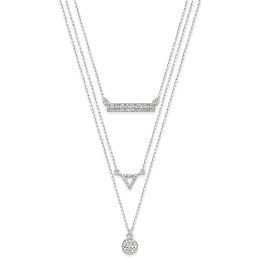 Sterling Silver Cz Circle Triangle And Bar 3-Strand Necklace