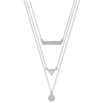 Sterling Silver Cz Circle Triangle And Bar 3-Strand Necklace