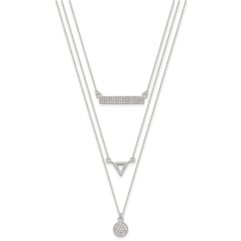 Sterling Silver Cz Circle Triangle And Bar 3-Strand Necklace