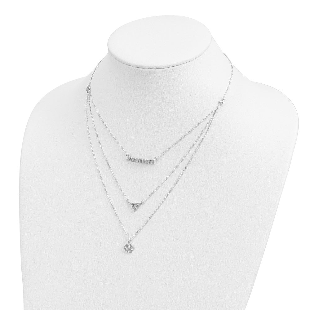 Sterling Silver Cz Circle Triangle And Bar 3-Strand Necklace