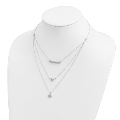 Sterling Silver Cz Circle Triangle And Bar 3-Strand Necklace