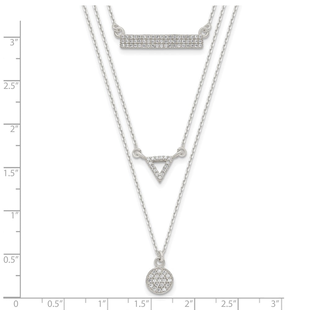 Sterling Silver Cz Circle Triangle And Bar 3-Strand Necklace