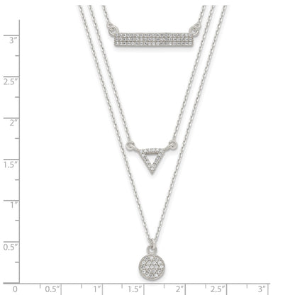 Sterling Silver Cz Circle Triangle And Bar 3-Strand Necklace