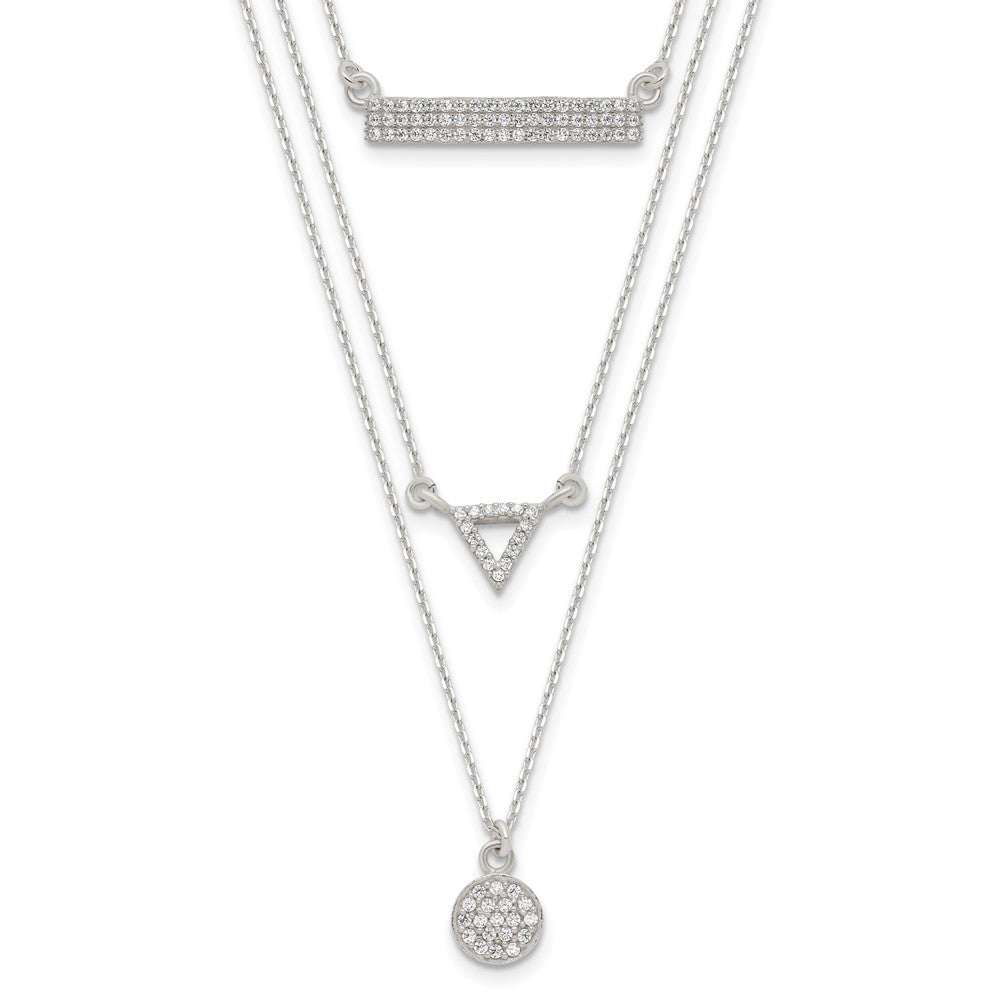 Sterling Silver Cz Circle Triangle And Bar 3-Strand Necklace