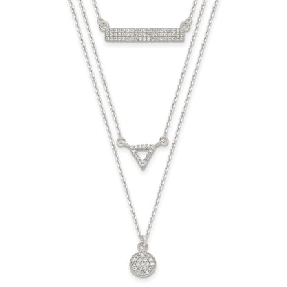 Sterling Silver Cz Circle Triangle And Bar 3-Strand Necklace