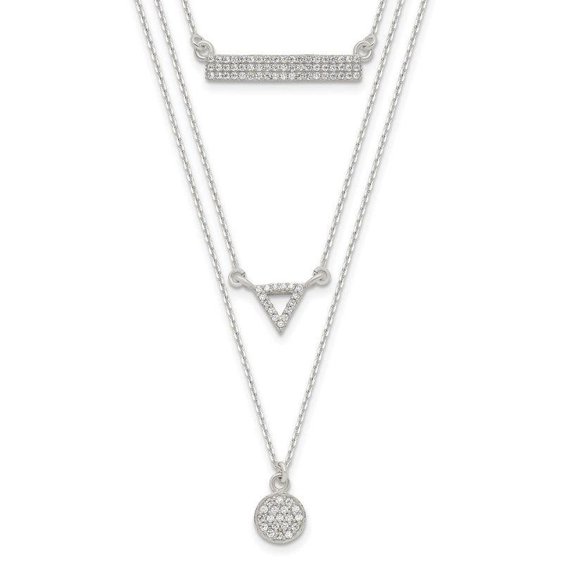 Sterling Silver Cz Circle Triangle And Bar 3-Strand Necklace