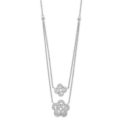 Sterling Silver Rhodium-Plated Multi-Strand Cz Floral W/2In Ext Necklace