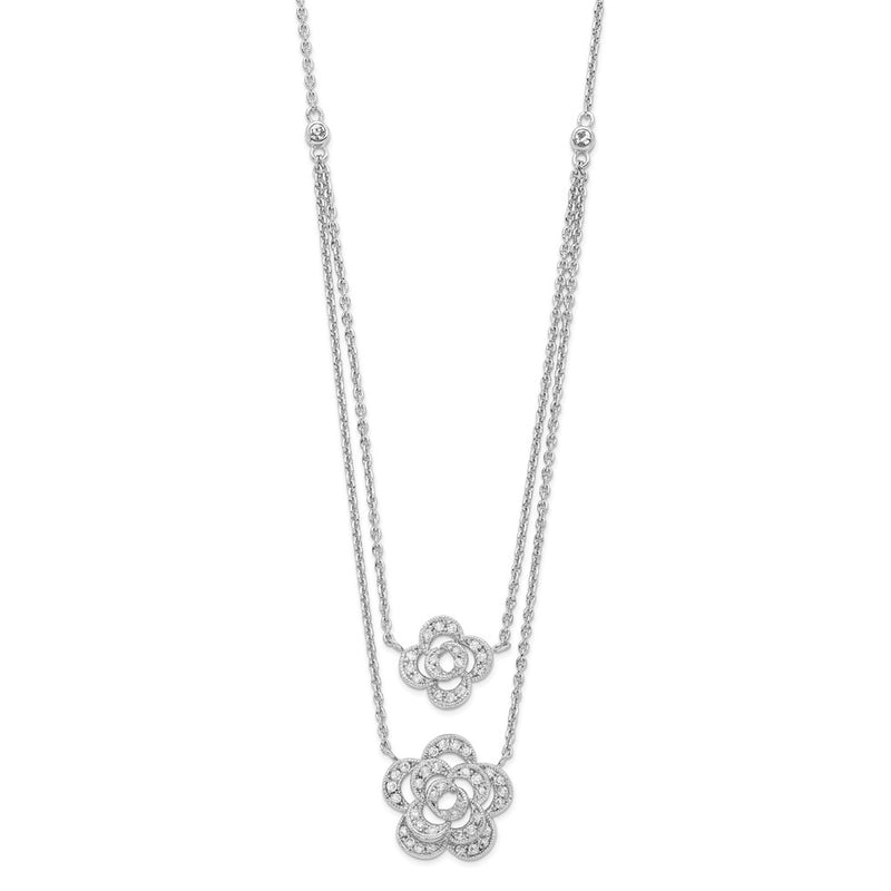 Sterling Silver Rhodium-Plated Multi-Strand Cz Floral W/2In Ext Necklace