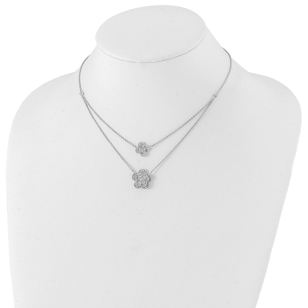 Sterling Silver Rhodium-Plated Multi-Strand Cz Floral W/2In Ext Necklace