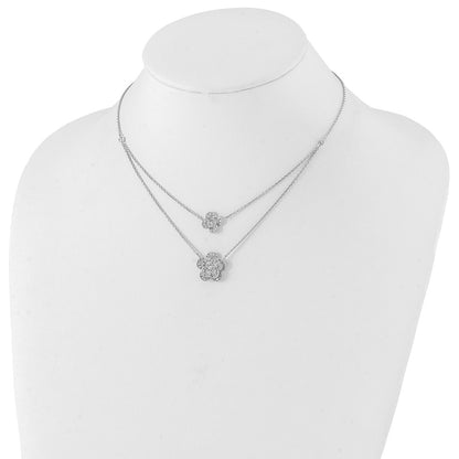Sterling Silver Rhodium-Plated Multi-Strand Cz Floral W/2In Ext Necklace