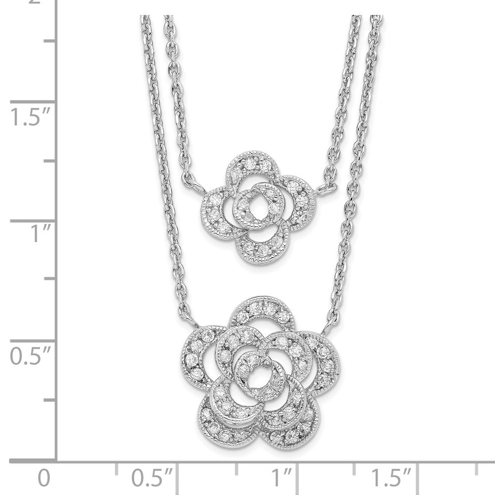 Sterling Silver Rhodium-Plated Multi-Strand Cz Floral W/2In Ext Necklace