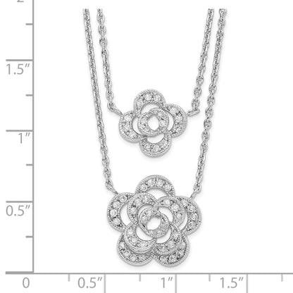 Sterling Silver Rhodium-Plated Multi-Strand Cz Floral W/2In Ext Necklace