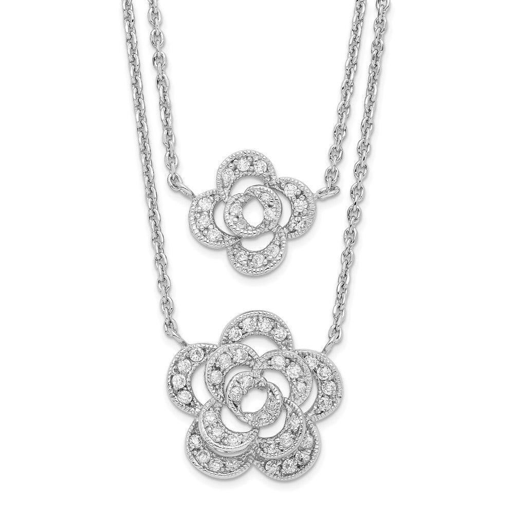 Sterling Silver Rhodium-Plated Multi-Strand Cz Floral W/2In Ext Necklace