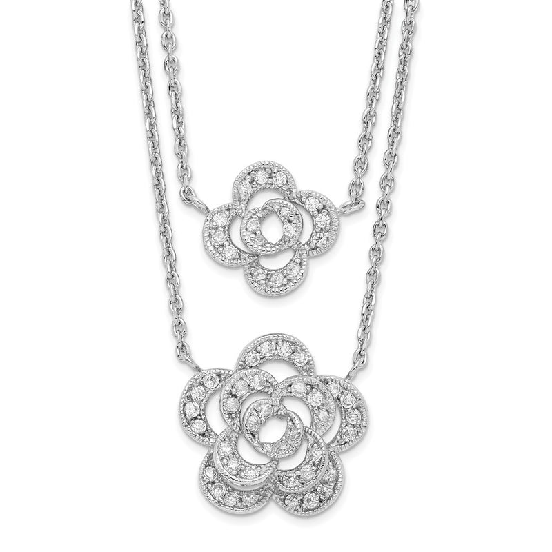 Sterling Silver Rhodium-Plated Multi-Strand Cz Floral W/2In Ext Necklace