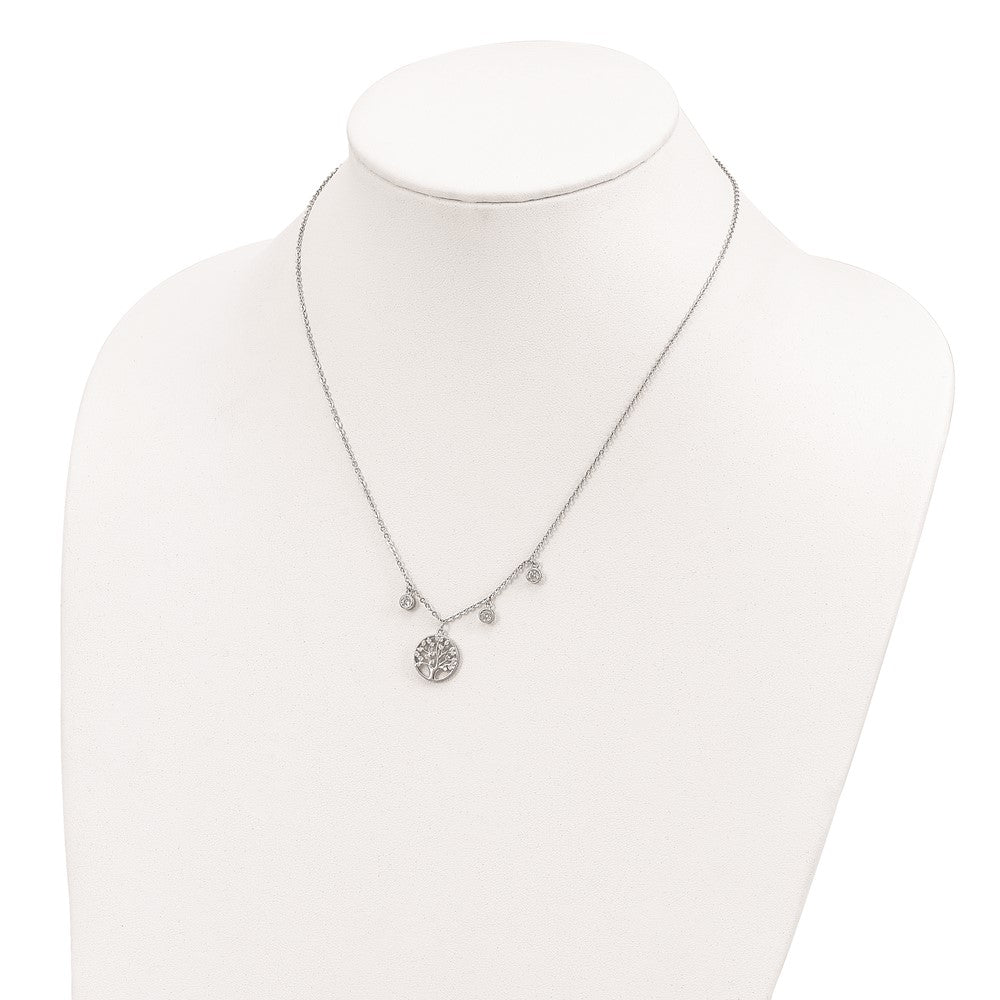 Sterling Silver Rhodium-Plated Cz With Tree 1In Ext. Necklace