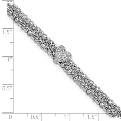 7.25 Inch Sterling Silver Rhodium-Plated Cz Heart Multi-Strand Bracelet