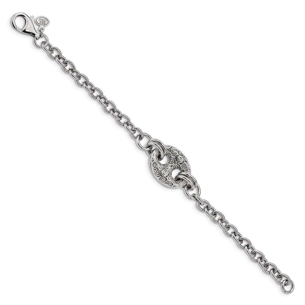 7.5 Inch Sterling Silver Rhodium-Plated Fancy Swirls Bracelet