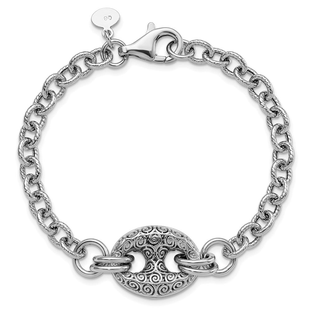 7.5 Inch Sterling Silver Rhodium-Plated Fancy Swirls Bracelet