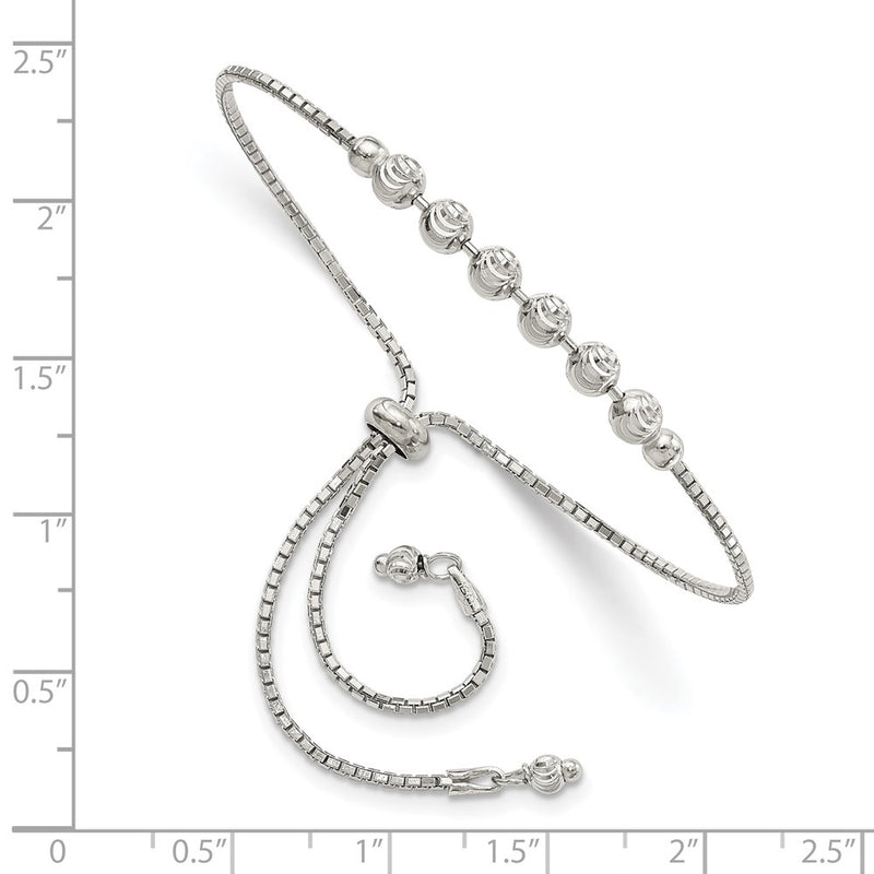 10 Inch Sterling Silver Rhodium-Plated Diamond-Cut Beaded Adjustable Bracelet