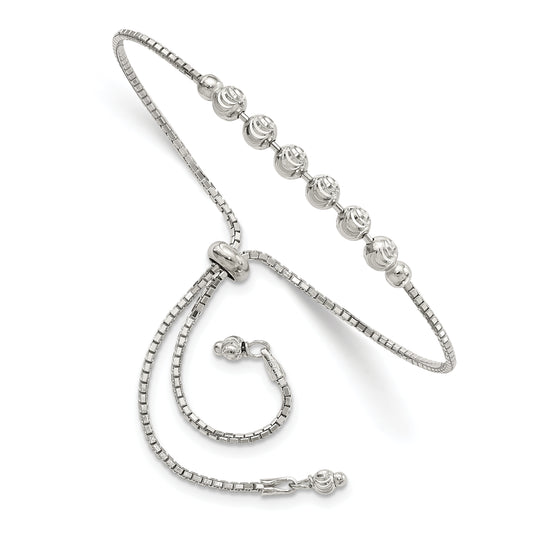 10 Inch Sterling Silver Rhodium-Plated Diamond-Cut Beaded Adjustable Bracelet