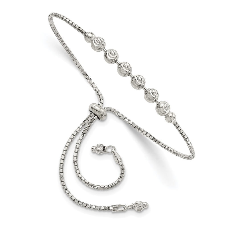 10 Inch Sterling Silver Rhodium-Plated Diamond-Cut Beaded Adjustable Bracelet
