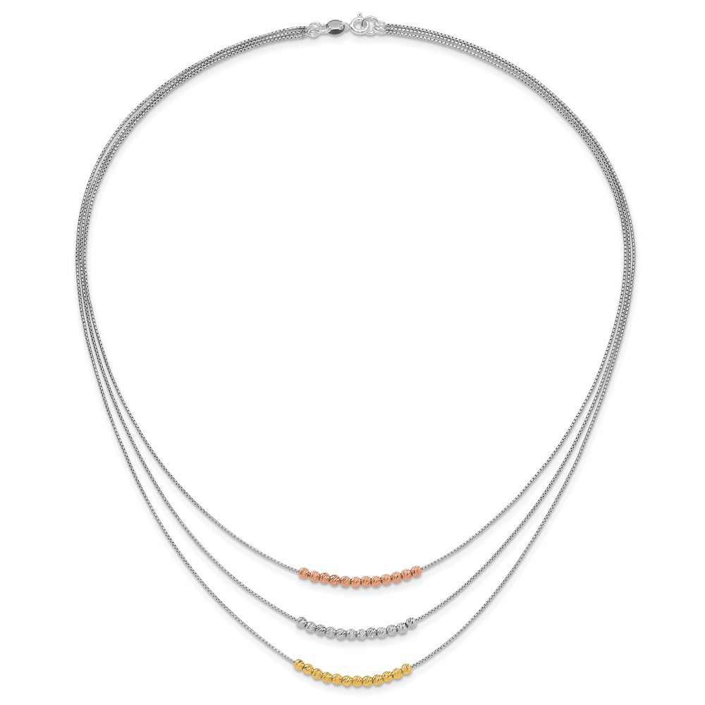 Sterling Silver Rhod-Plated Diamond-Cut Gold/Rose-Tone 3 Strand Necklace