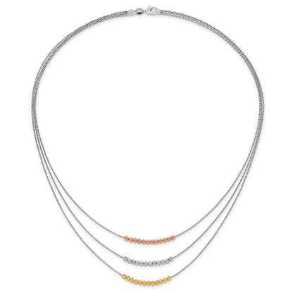 Sterling Silver Rhod-Plated Diamond-Cut Gold/Rose-Tone 3 Strand Necklace