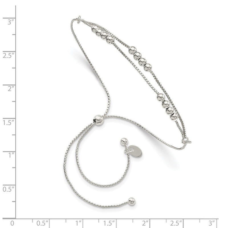 11 Inch Sterling Silver Polished Beaded 2-Strand Adjustable Bracelet