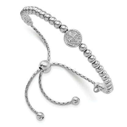 9 Inch Sterling Silver Rh-Plated Beaded Saint Medal 5In To 8.25In Bracelet