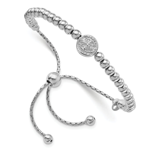 9 Inch Sterling Silver Rh-Plated Beaded Saint Medal 5In To 8.25In Bracelet