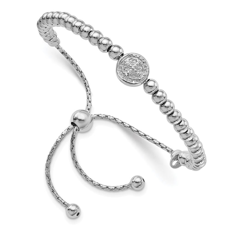 9 Inch Sterling Silver Rh-Plated Beaded Saint Medal 5In To 8.25In Bracelet