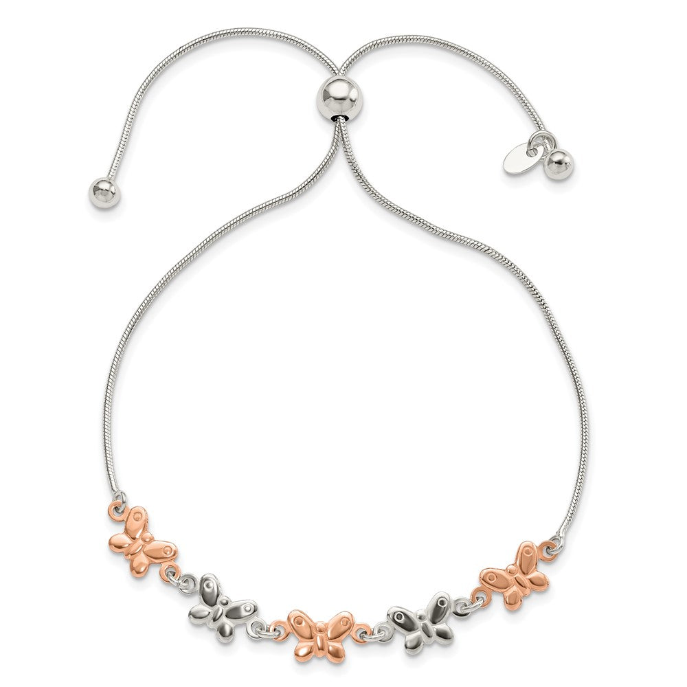 Sterling Silver W/Rose-Tone Butterfly Adjustable Bracelet