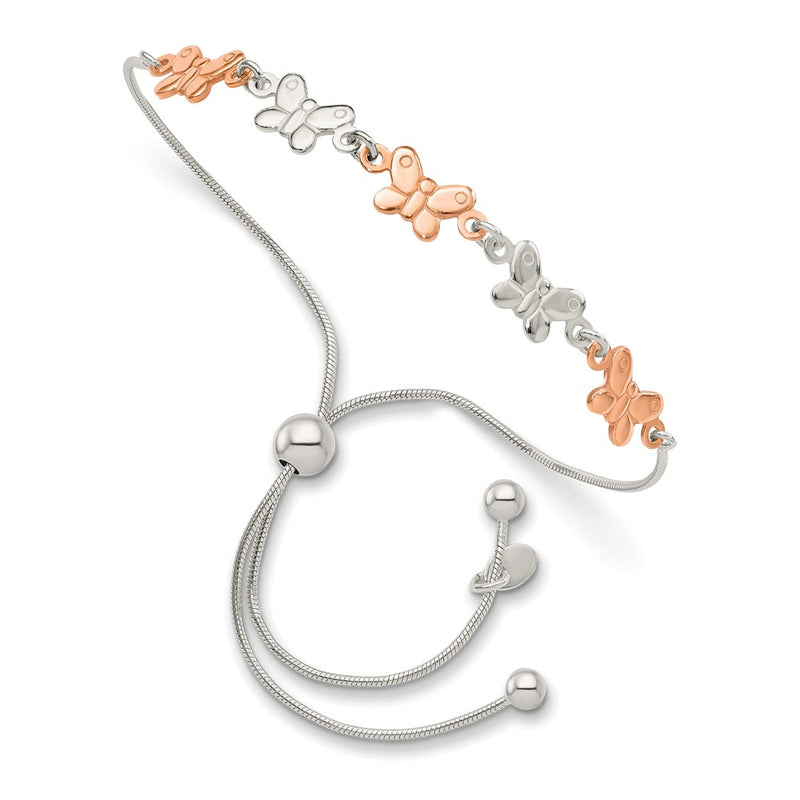 Sterling Silver W/Rose-Tone Butterfly Adjustable Bracelet