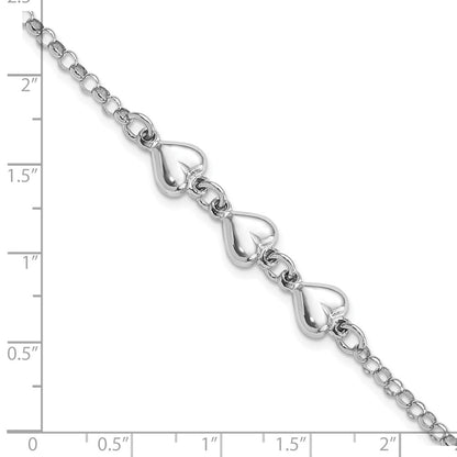 7 Inch Sterling Silver Rhodium Plated Polished Triple Heart Charm Bracelet