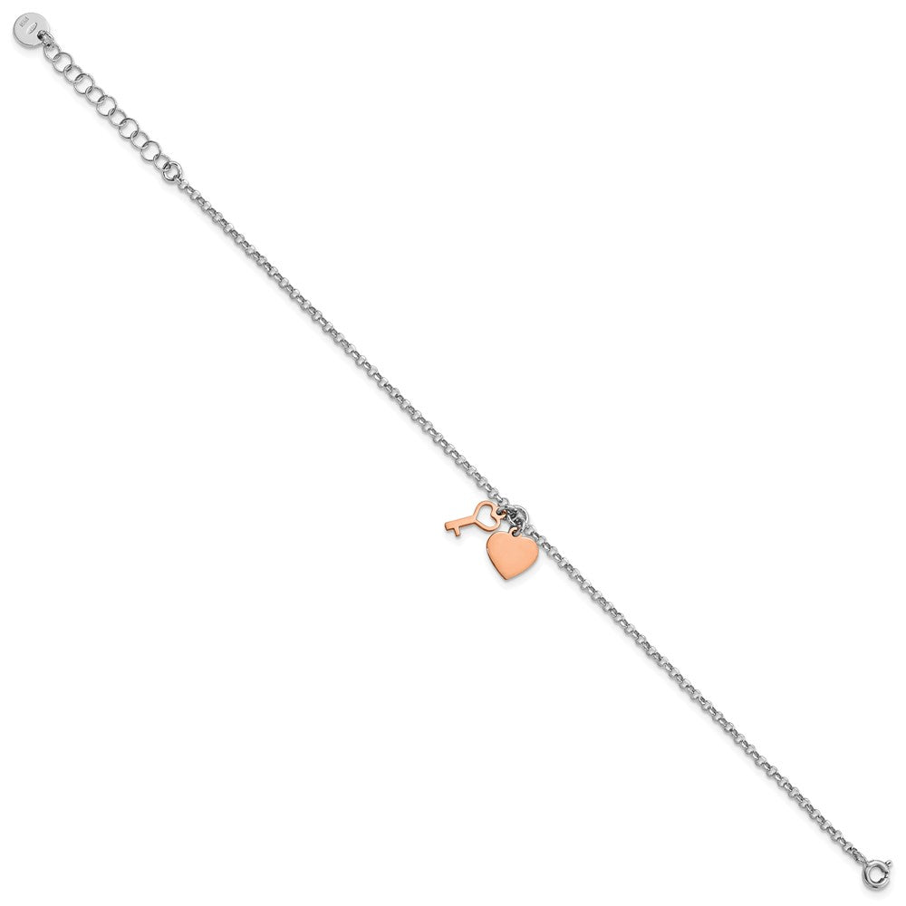 8 Inch Sterling Silver Rhodium Rose-Tone Heart & Key W/1.5In Ext. Bracelet