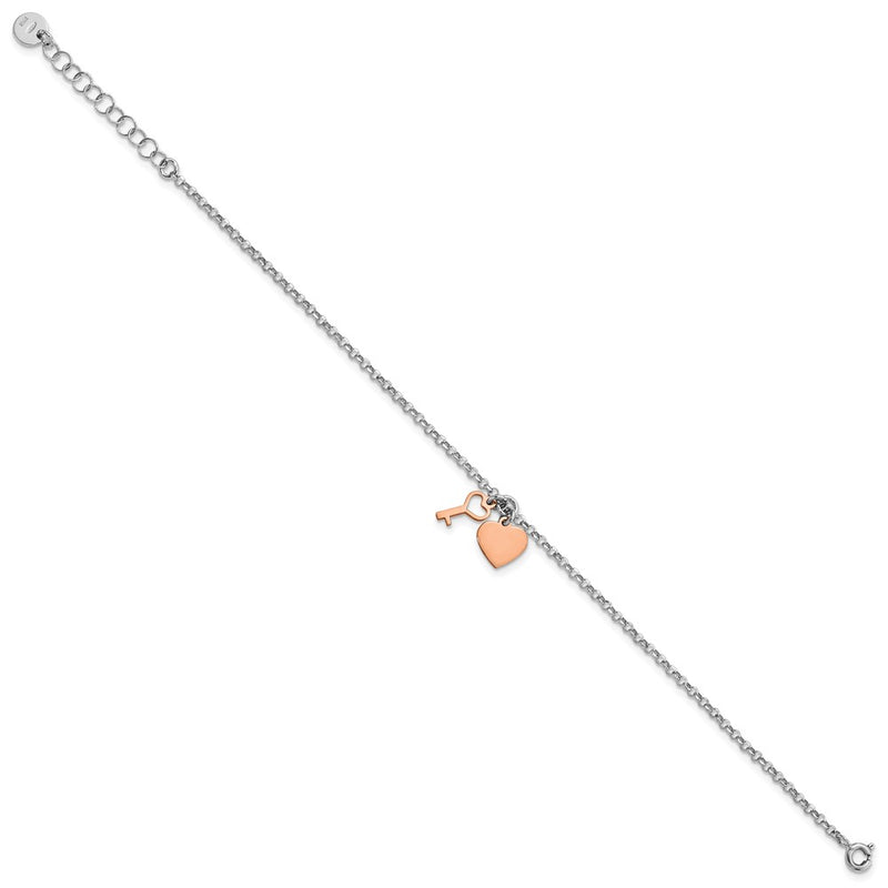 8 Inch Sterling Silver Rhodium Rose-Tone Heart & Key W/1.5In Ext. Bracelet