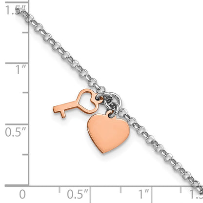 8 Inch Sterling Silver Rhodium Rose-Tone Heart & Key W/1.5In Ext. Bracelet